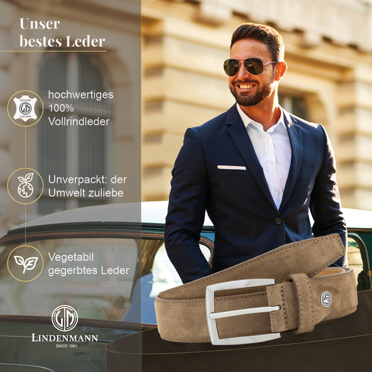 LINDENMANN Herrengürtel aus 100% Velours-Vollrindleder taupe