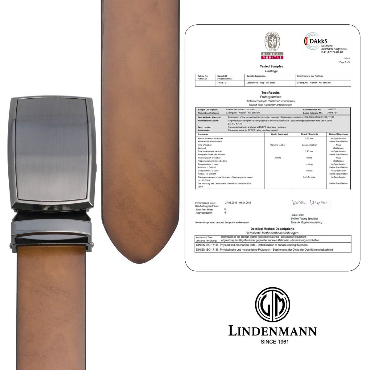 LINDENMANN Leder-Gürtel Herren Automatik 40 mm Rindleder cognac