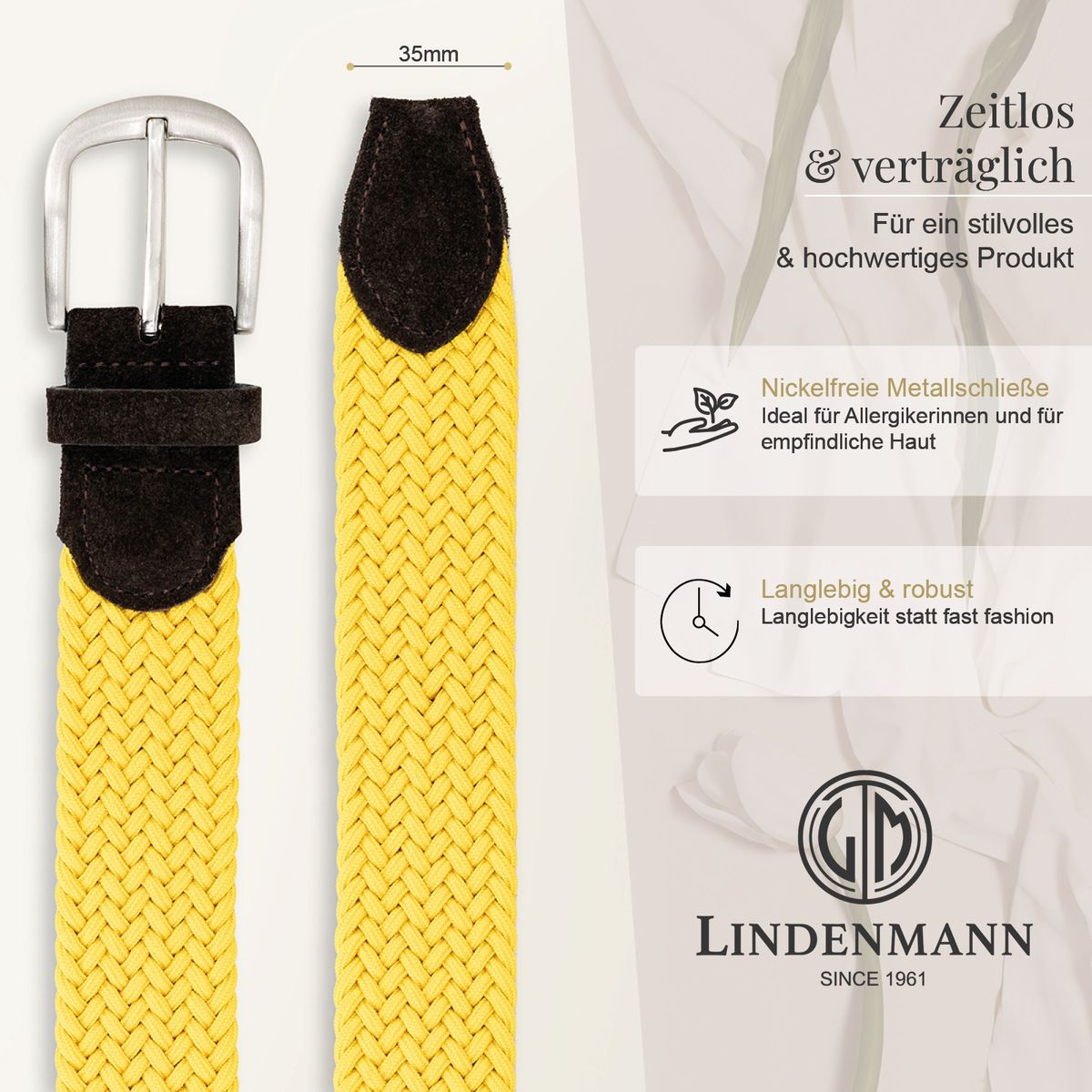 LINDENMANN Damen Stretchgürtel mit 100% Echtlederenden gelb