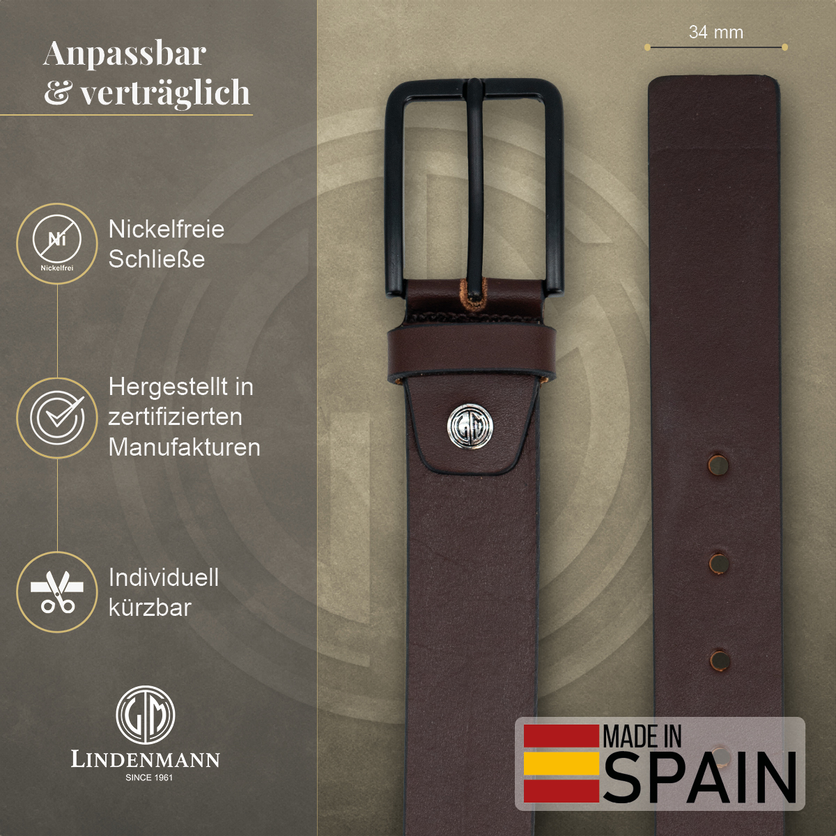 LINDENMANN Herren Jeansgürtel Echtleder dunkelbraun