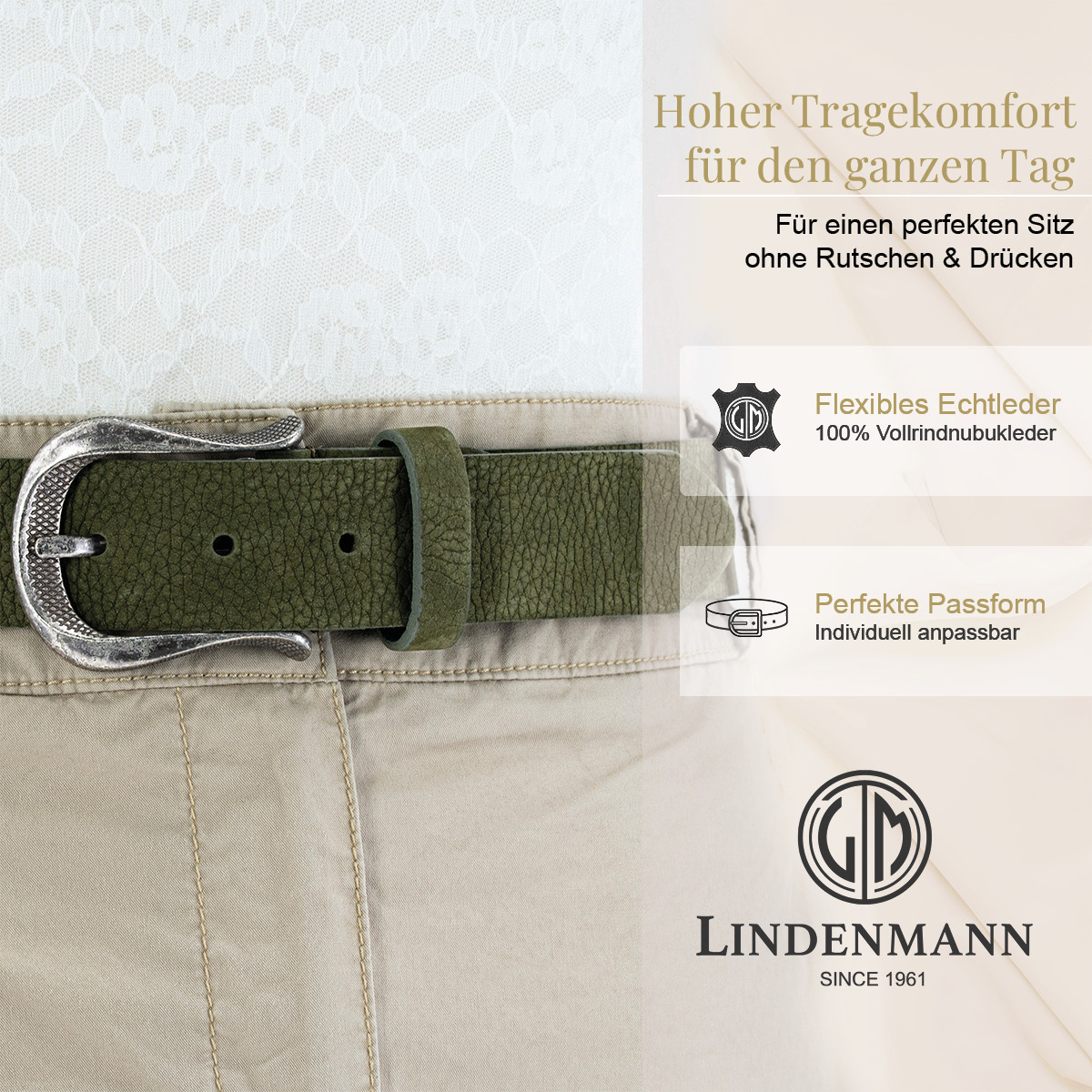 LINDENMANN Nubuk Vollrindleder Damengürtel Olivgrün