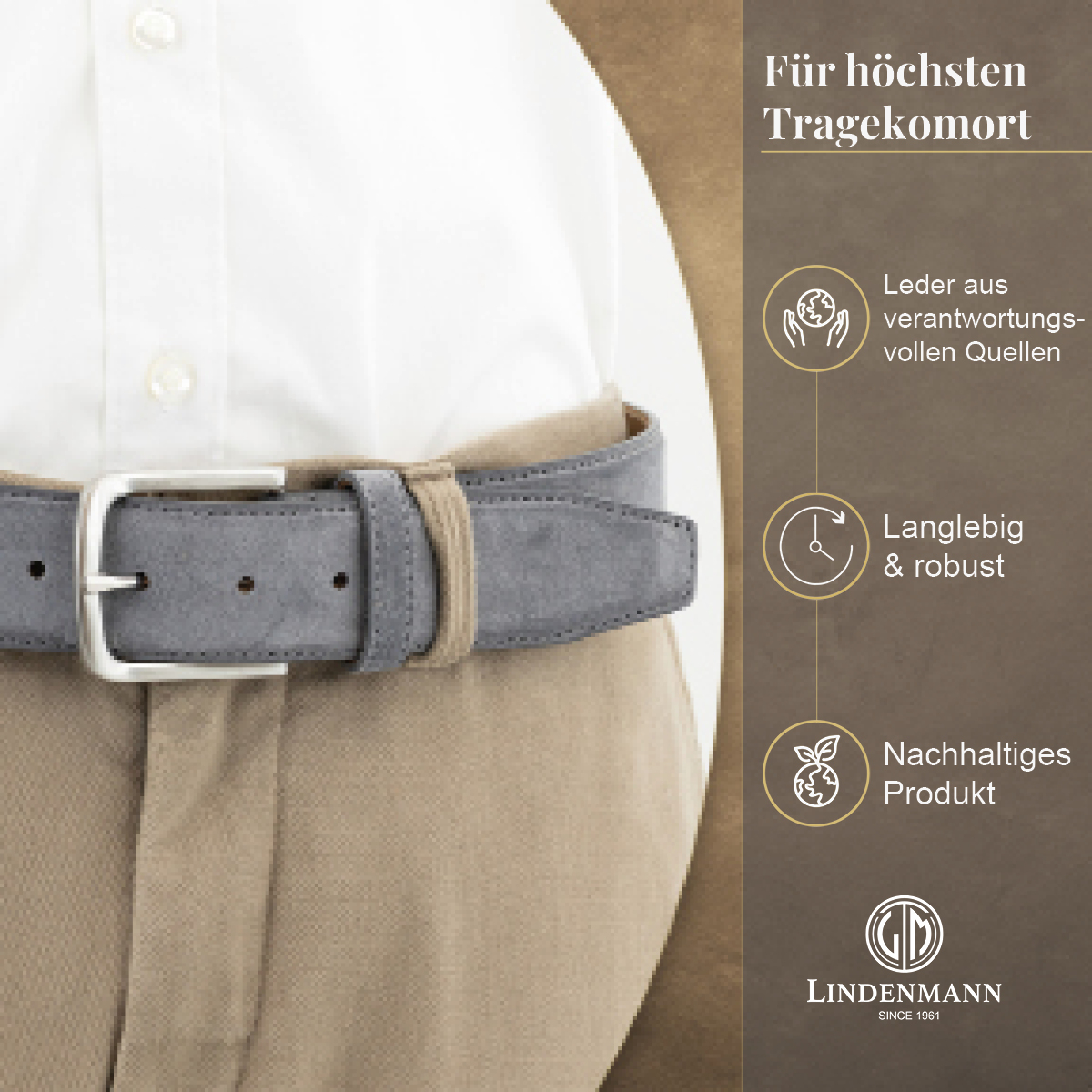 LINDENMANN Herrengürtel aus 100% Velours-Vollrindleder grau