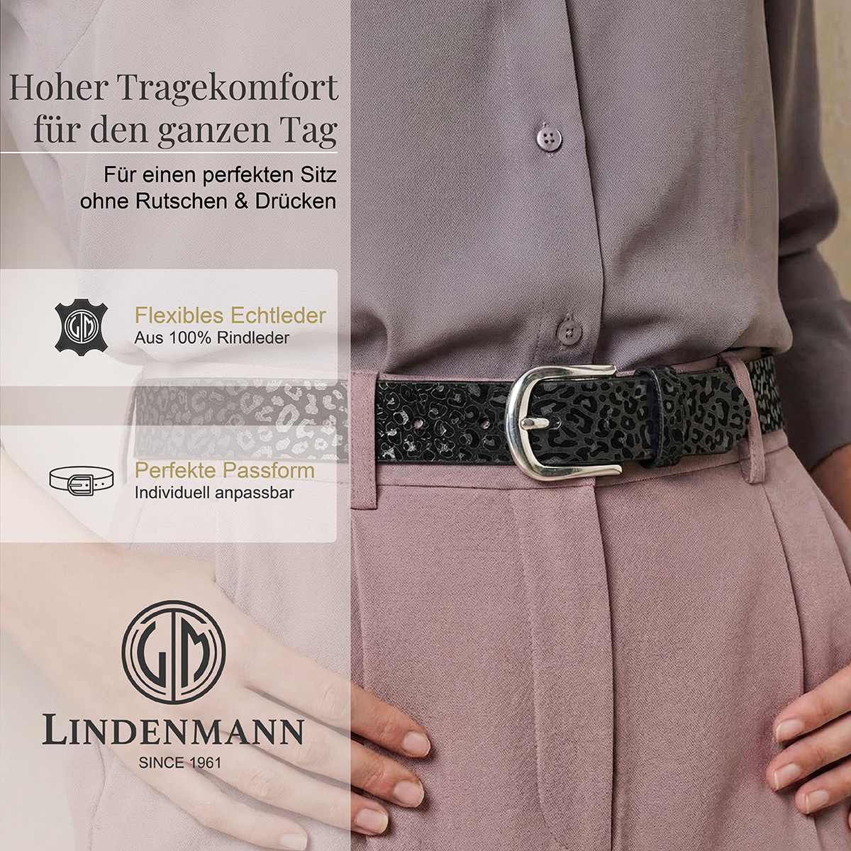 Gürtel, Leopardenmuster, Lederoptik, Hose, Taillengürtel, LINDENMANN Rindleder Damengürtel Schwarz mit Leopardmuster