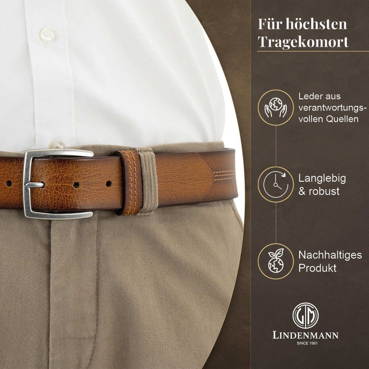 LINDENMANN Vollrindledergürtel Herren Cognac