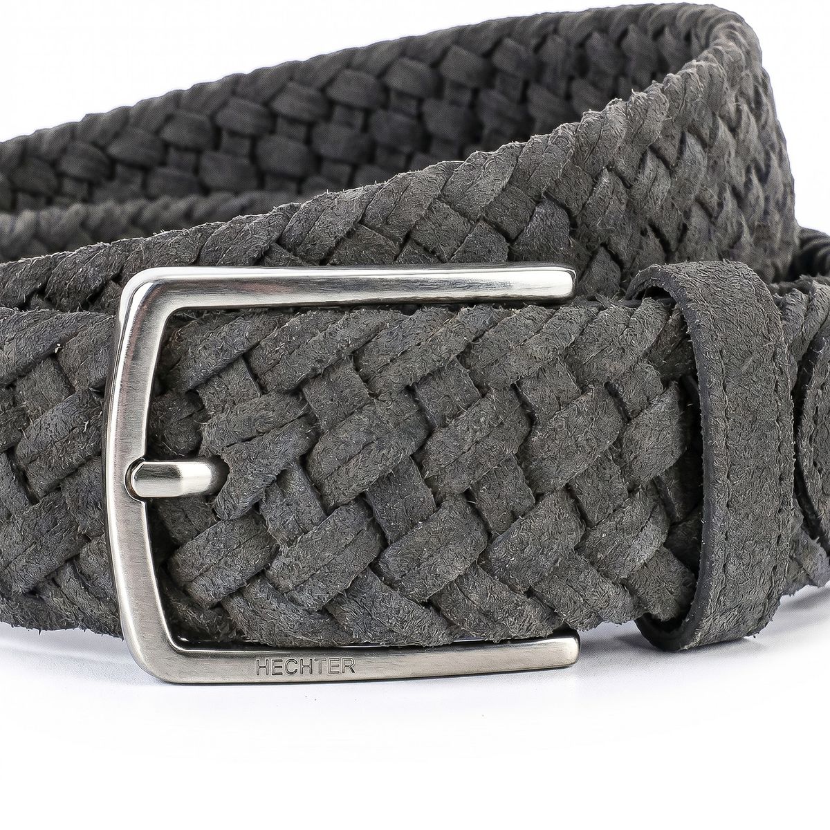 Gürtel, Geflochten, Weißmetal, Metall-Schnalle, Material: Leder, HECHTER Paris Herren Veloursleder-Flechtgürtel aus 100% Echtleder grau