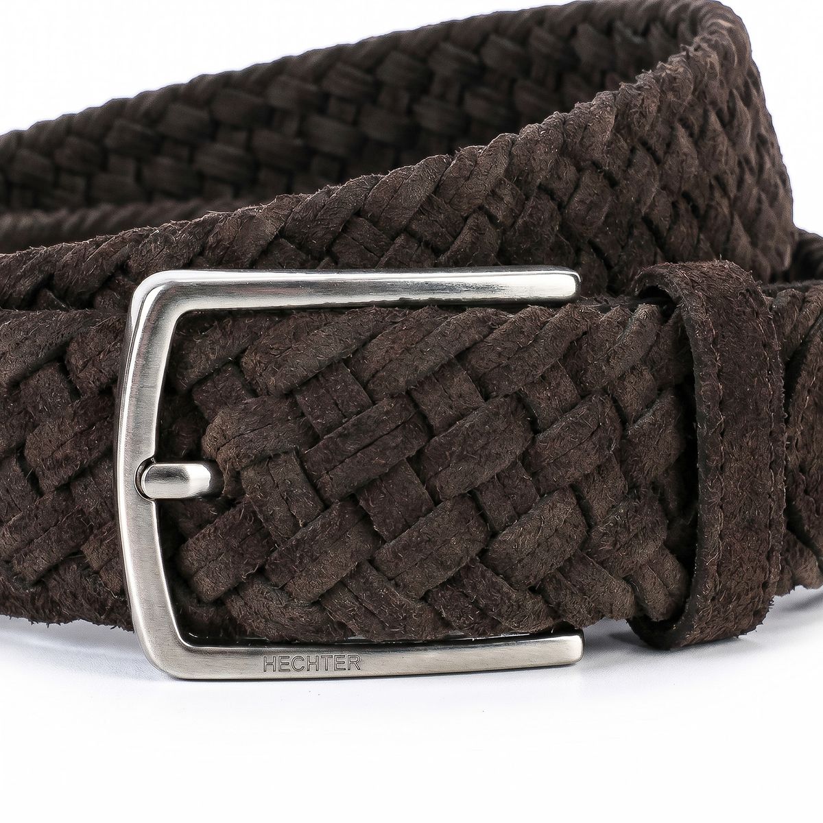 Gürtel, Braun, Geflochten, Metallverschluss, Kordelband, HECHTER Paris Herren Veloursleder-Flechtgürtel aus 100% Echtleder dunkelbraun
