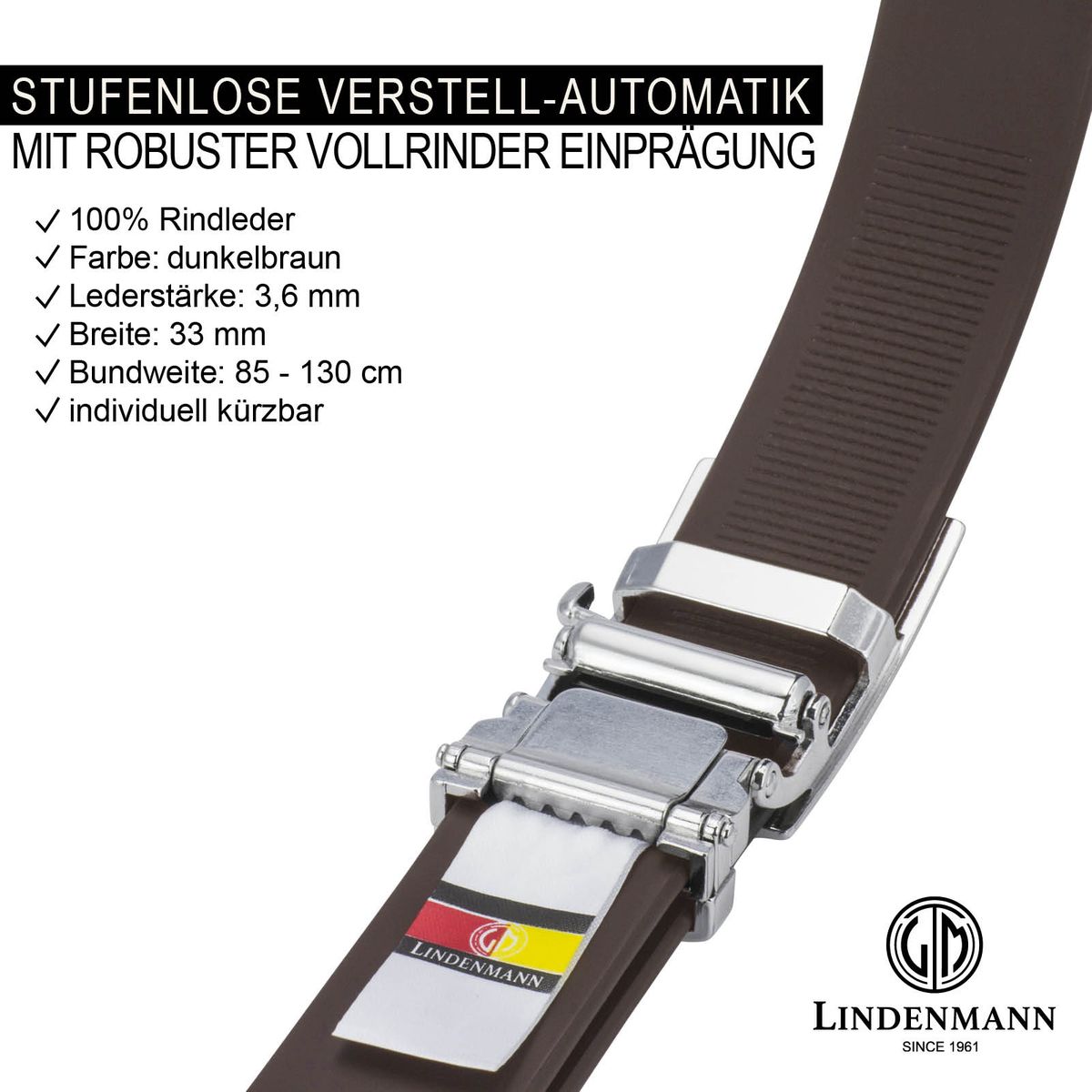 LINDENMANN Leder-Gürtel Automatik 32 mm Rindleder braun