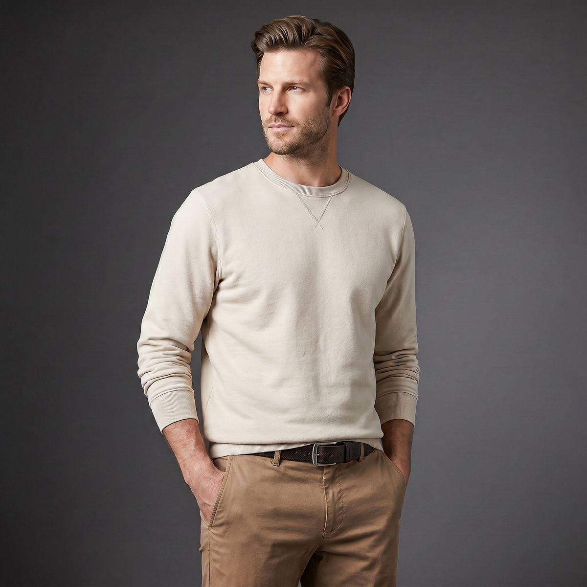 Sweatshirt, Beige, Crewneck, Lange Ärmel, Casual, HECHTER Paris Herren Casual Echtledergürtel dunkelbraun