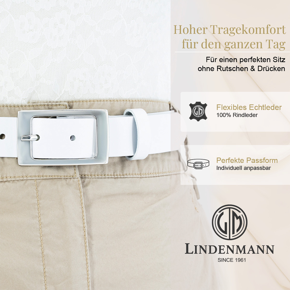 Gürtel, Weißer Gürtel, Leder, Hemdzug, Taillengürtel, LINDENMANN Rindledergürtel Damen Schneeweiß