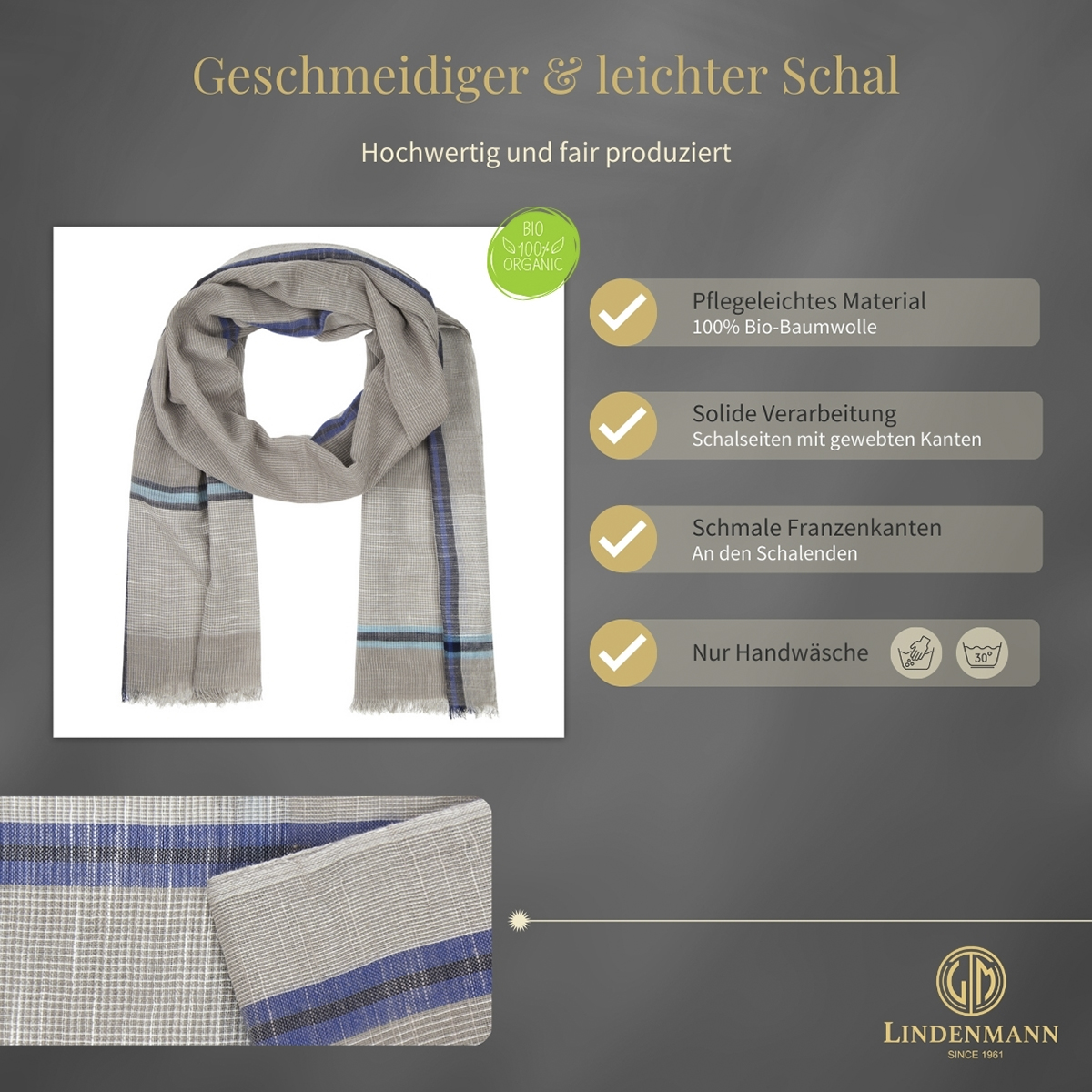 Herren Schal grau 100% BIO-Baumwolle