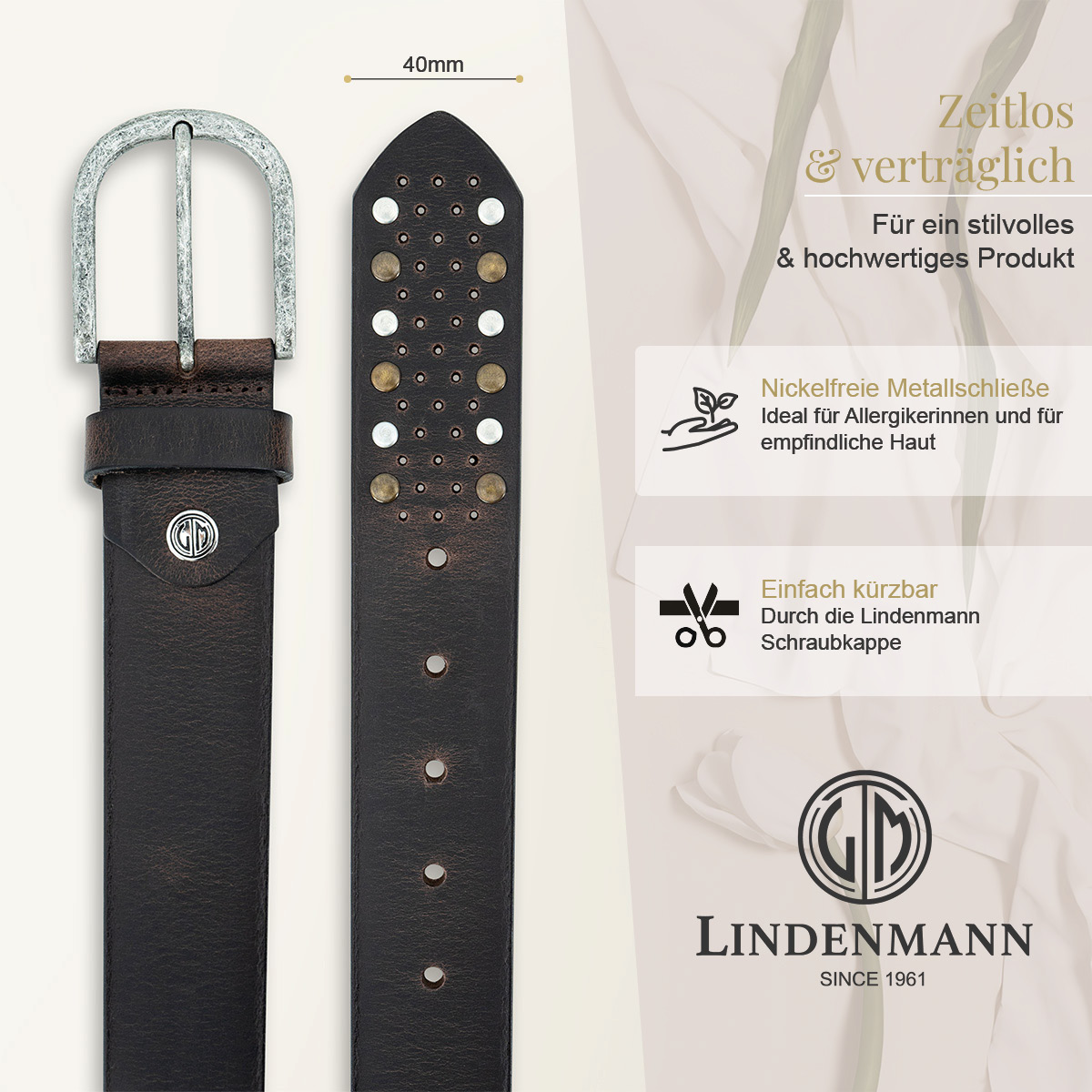 LINDENMANN Klassischer Damengürtel aus 100% Echtleder mit Nieten-Design dunkelbraun
