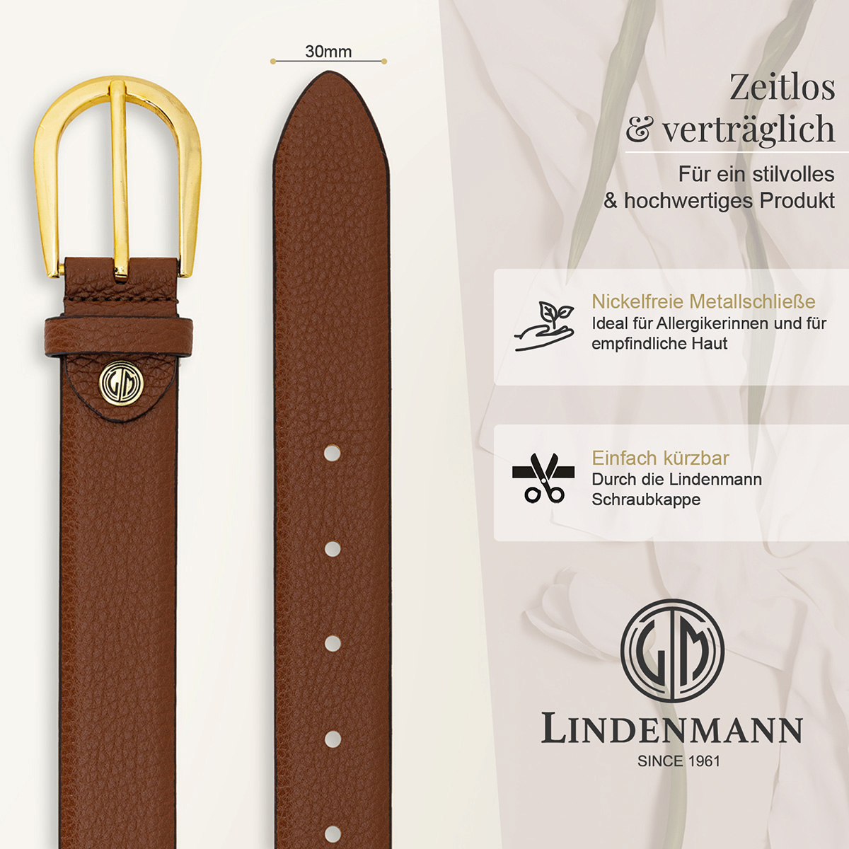 LINDENMANN Klassischer Damengürtel aus 100% Echtleder cognac
