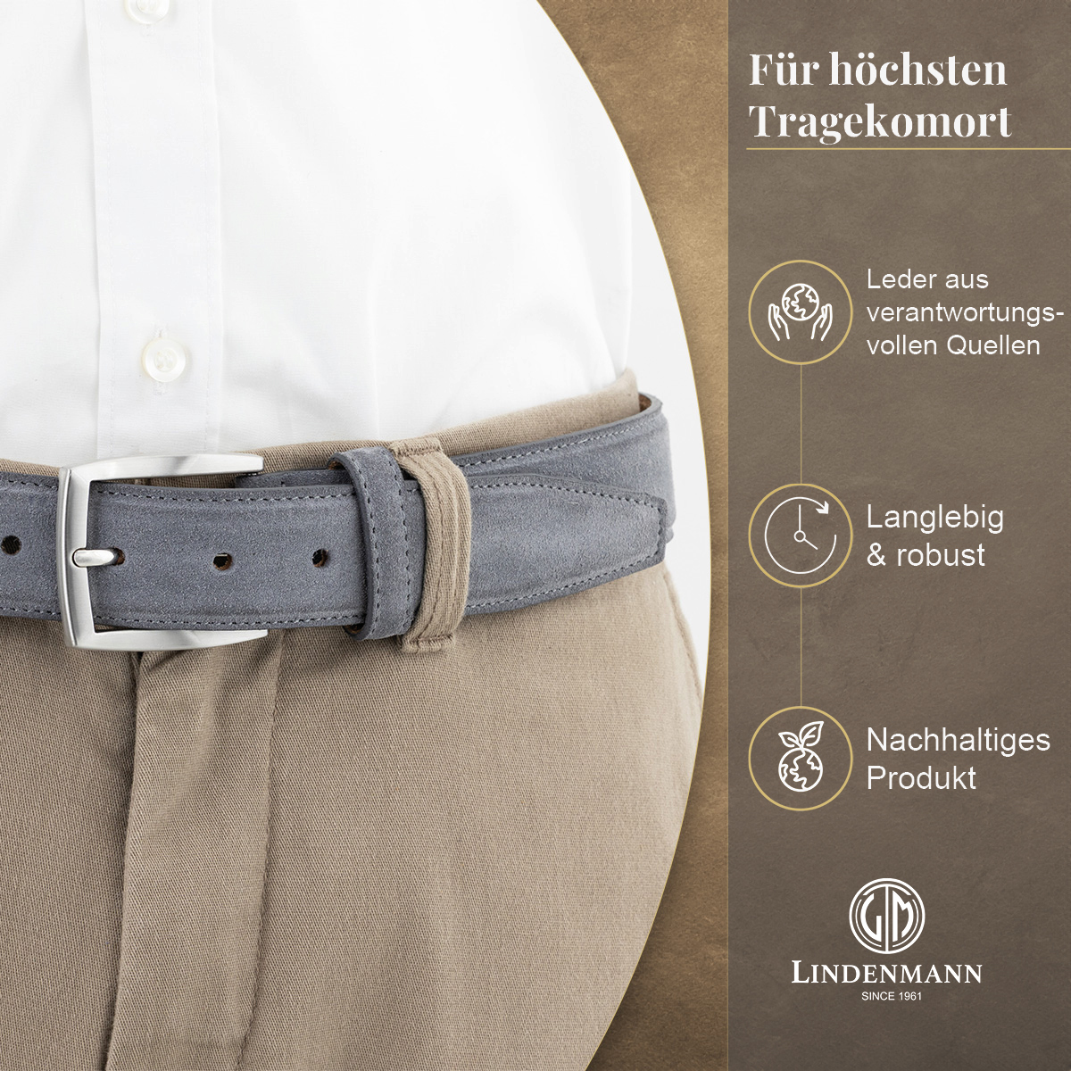 LINDENMANN Herrengürtel aus 100% Velours-Vollrindleder grau