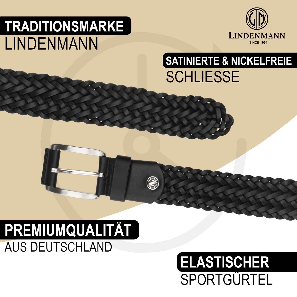 LINDENMANN Gürtel Herren geflochten 35 mm schwarz