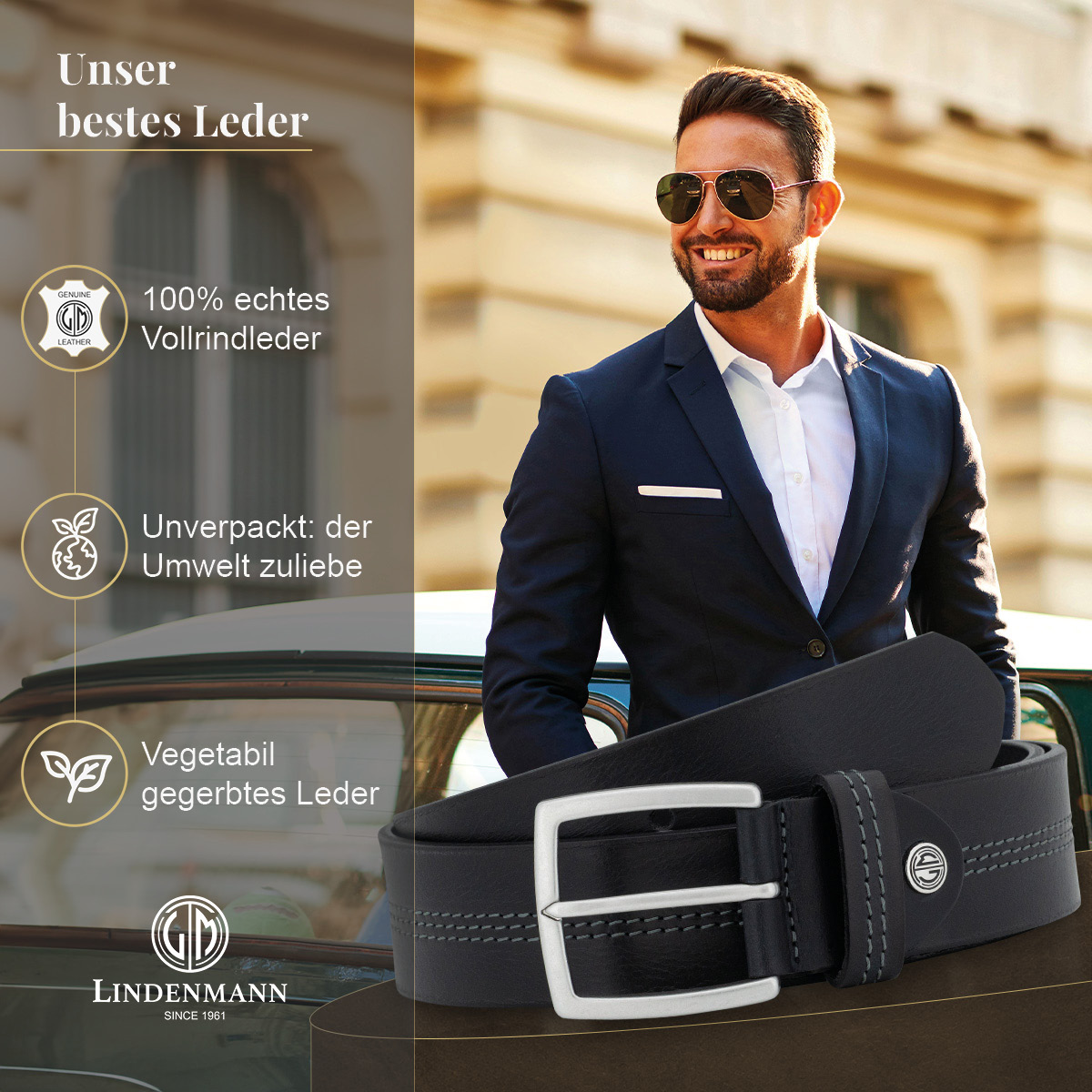 LINDENMANN Vollrindledergürtel Herren Tiefschwarz