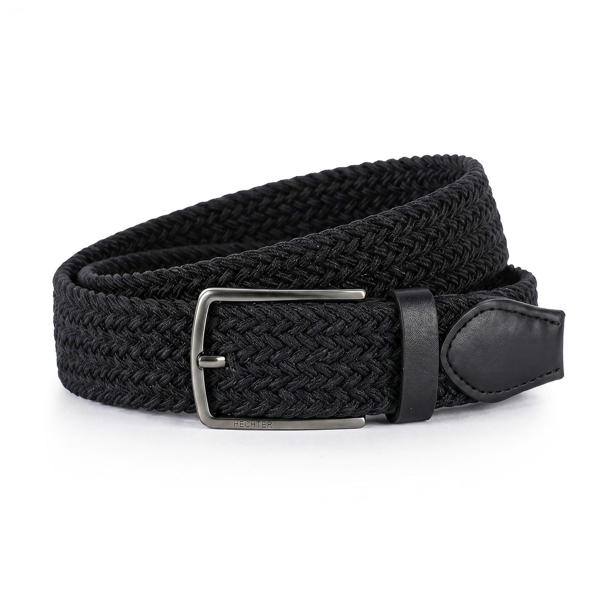 Gürtel, Stoffgürtel, Schwarz, Gurtband, Metallschnalle, HECHTER Paris Herren Textil-Flechtgürtel mit 100% Echtlederenden schwarz