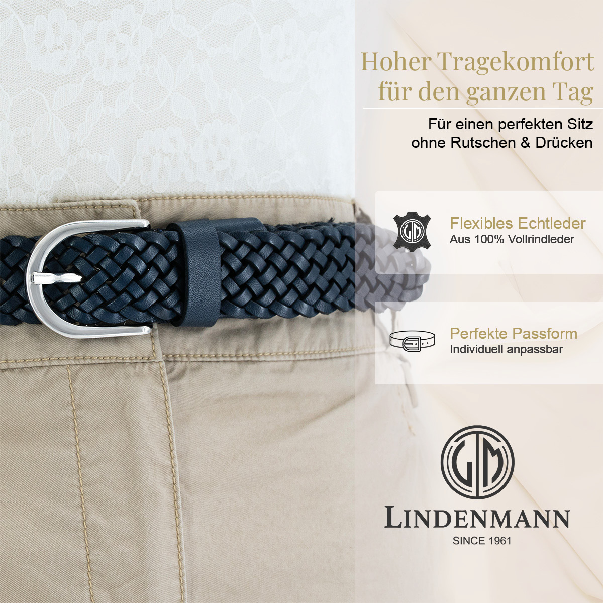 LINDENMANN Vollrindleder Damenlederflechtgürtel Marine
