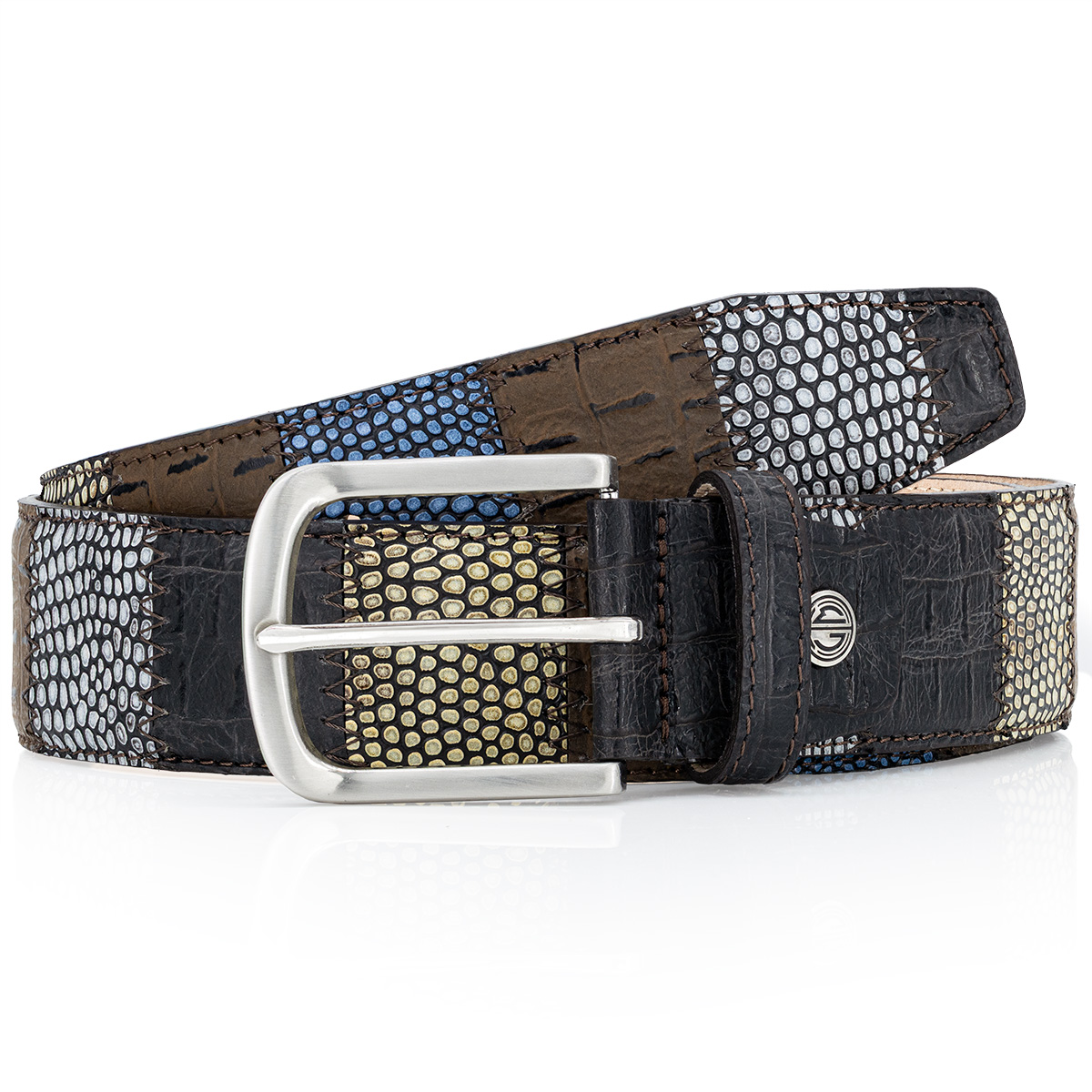 Gürtel, Leder, Patchwork, Druckstempel, Metallöse, LINDENMANN Premium Handmade Vollrindledergürtel Herren mehrfabig patchwork