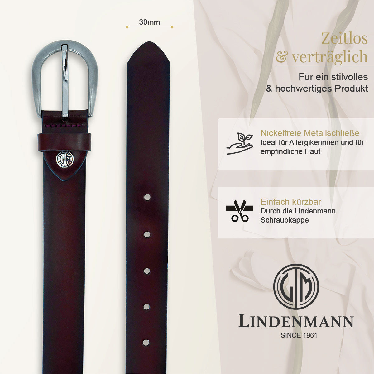 LINDENMANN Rindsleder Damengürtel Burgunderrot