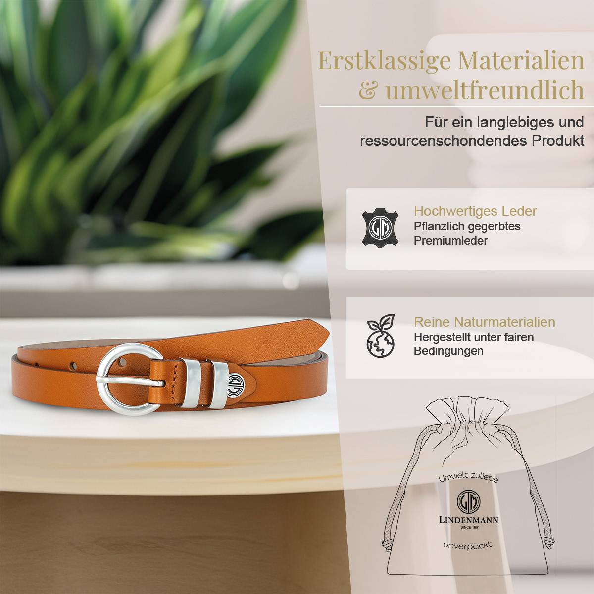 LINDENMANN Nappa Vollrindleder Damengürtel Cognac