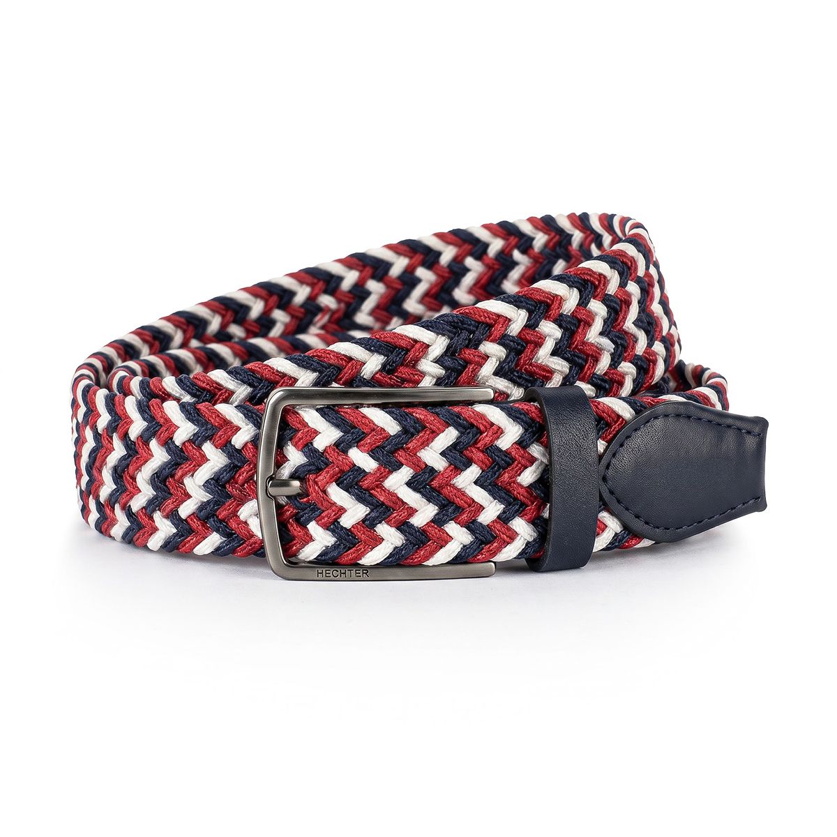 Gürtel, Strickgürtel, Mehrfarben, Klippenverschluss, Gewebt, HECHTER Paris Herren Textil-Flechtgürtel mit 100% Echtlederenden rot/weiss/marine
