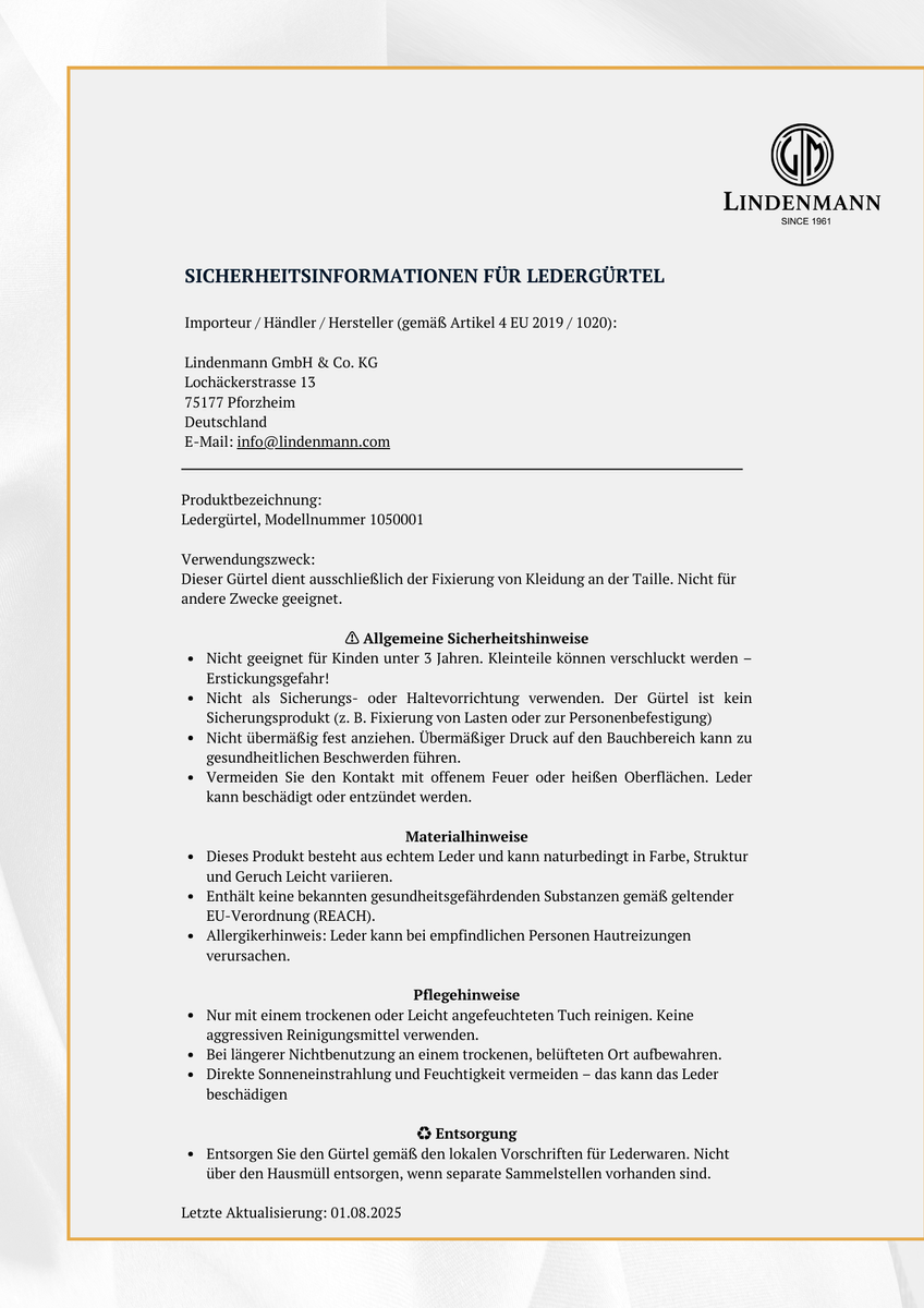 LINDENMANN Ledergürtel Sicherheitsinformationen