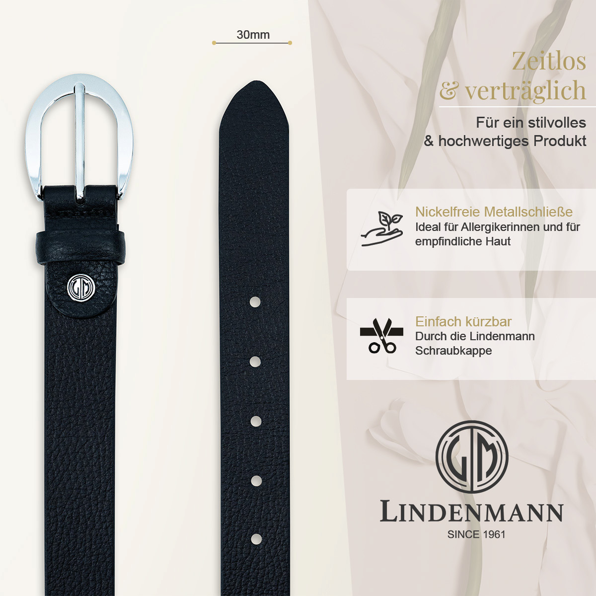 LINDENMANN Vollrindleder Damengürtel Tiefschwarz