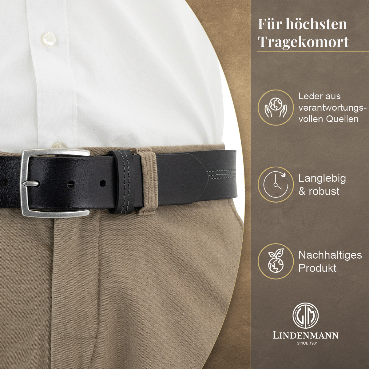 LINDENMANN Vollrindledergürtel Herren Tiefschwarz