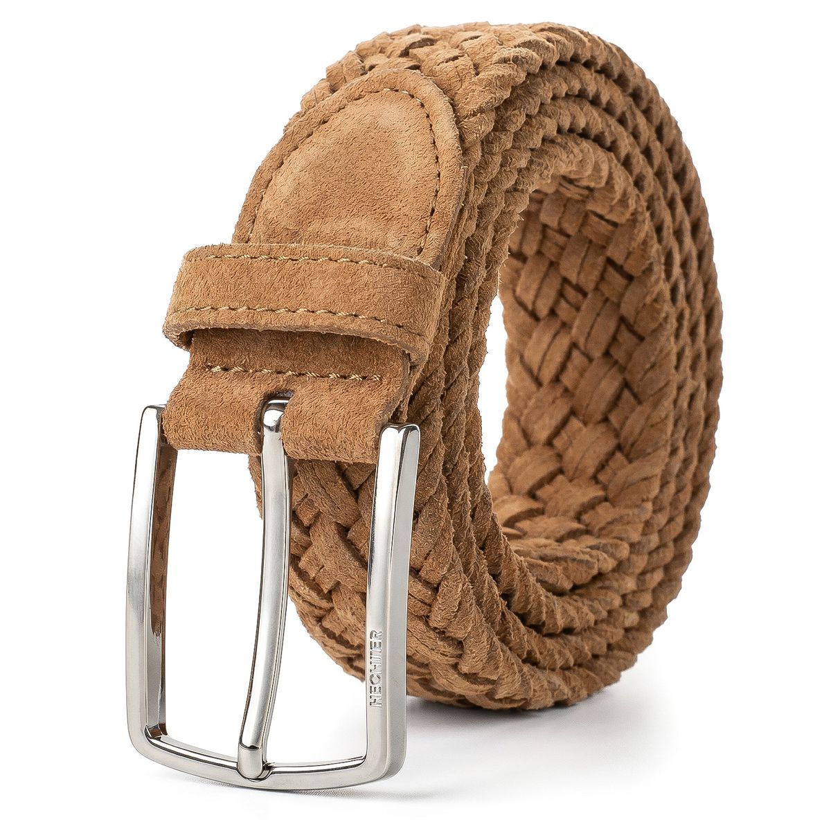Gürtel, Geflochten, Leder, Braun, Kleidergürtel, HECHTER Paris Herren Veloursleder-Flechtgürtel aus 100% Echtleder cognac