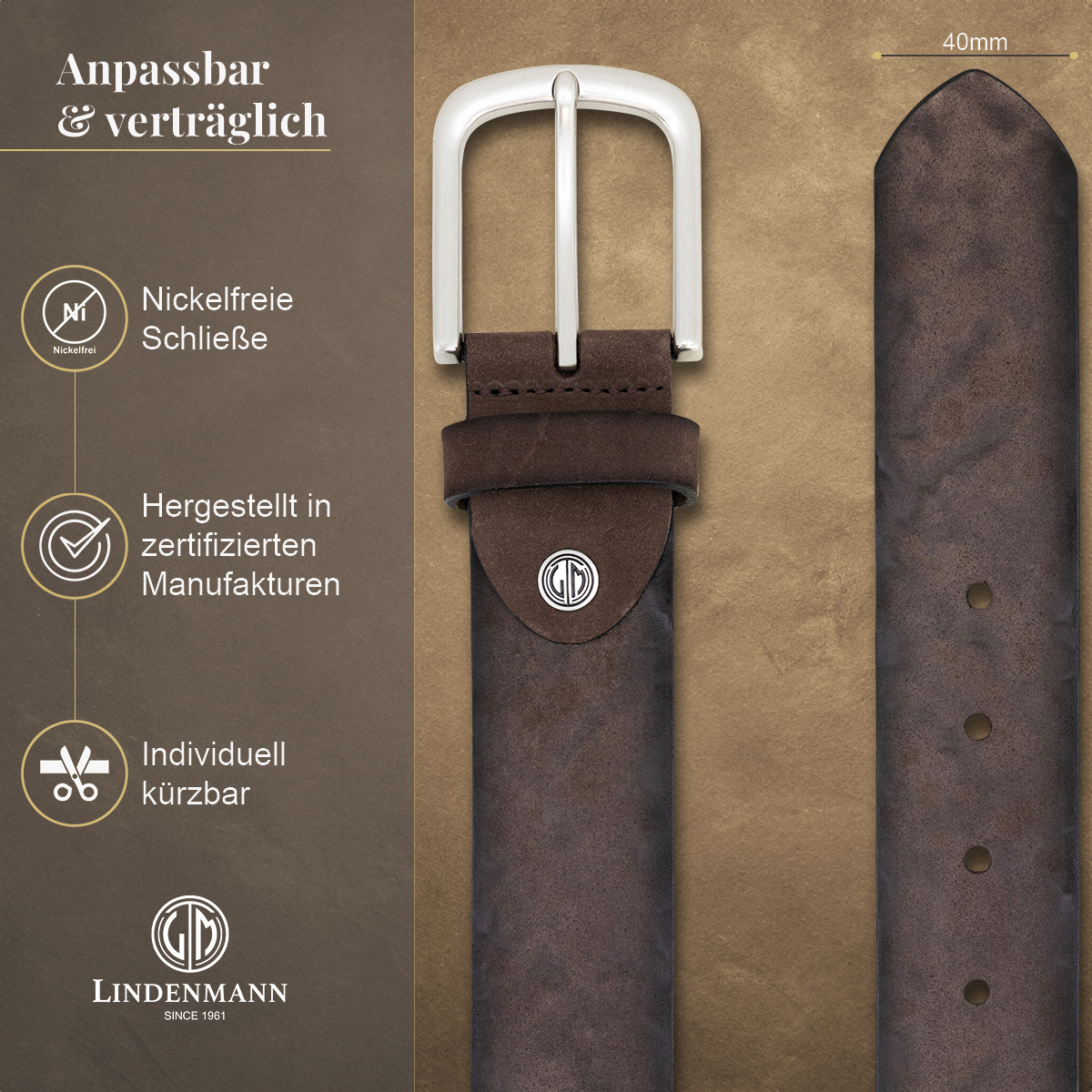 LINDENMANN Herrengürtel aus 100% Vollrindleder dunkelbraun