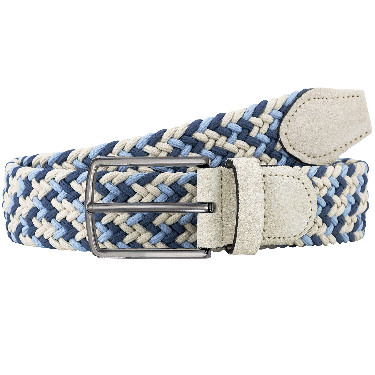 Gürtel, Gewebt, Mehrfarbig, Blau, Lederdetails, LINDENMANN Herren Flechtgürtel mit Echtleder an den Enden mehrfarbig: jeansblau, marine, taupe