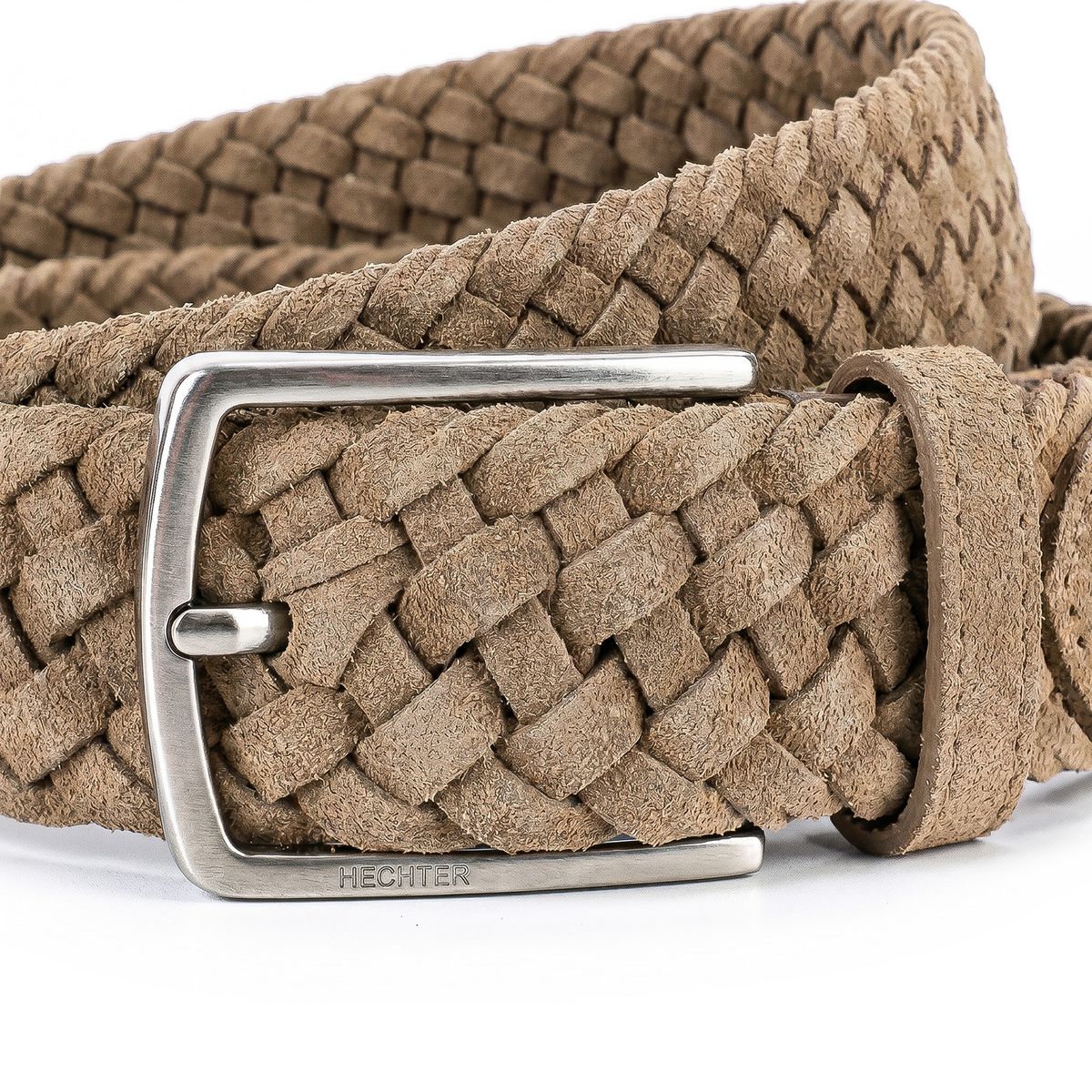 Gürtel, Sonnenbraun, geflochten, Riemen, Metall Schnalle, HECHTER Paris Herren Veloursleder-Flechtgürtel aus 100% Echtleder taupe