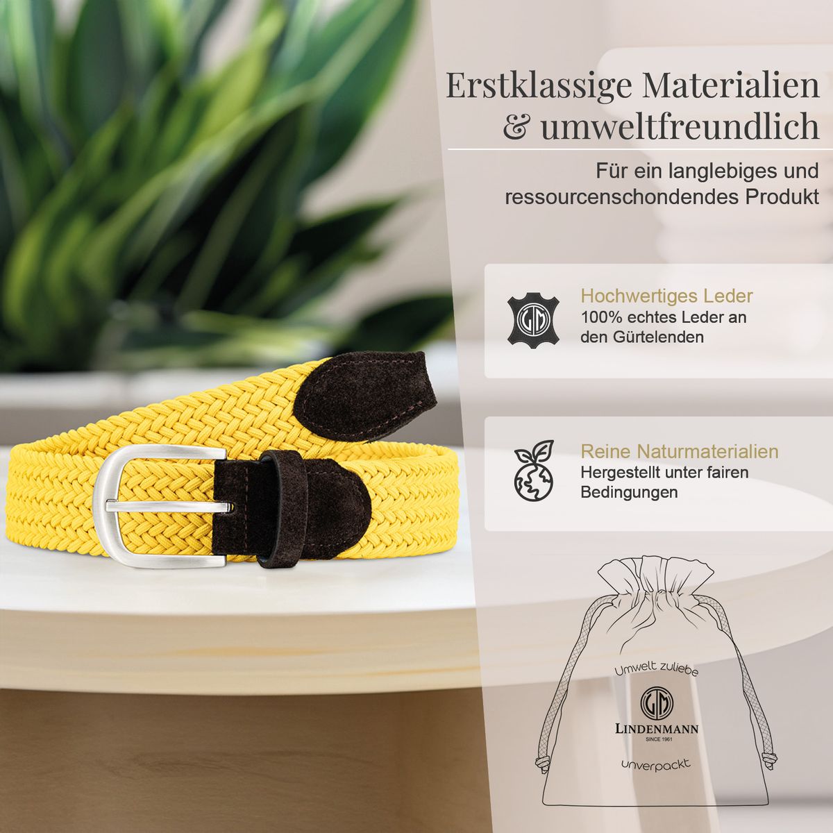 Gürtel, Gelb, Geflochten, Ledergürtel, Naturmaterial, LINDENMANN Damen Flechtgürtel mit 100% echtem Rindleder an den Enden gelb