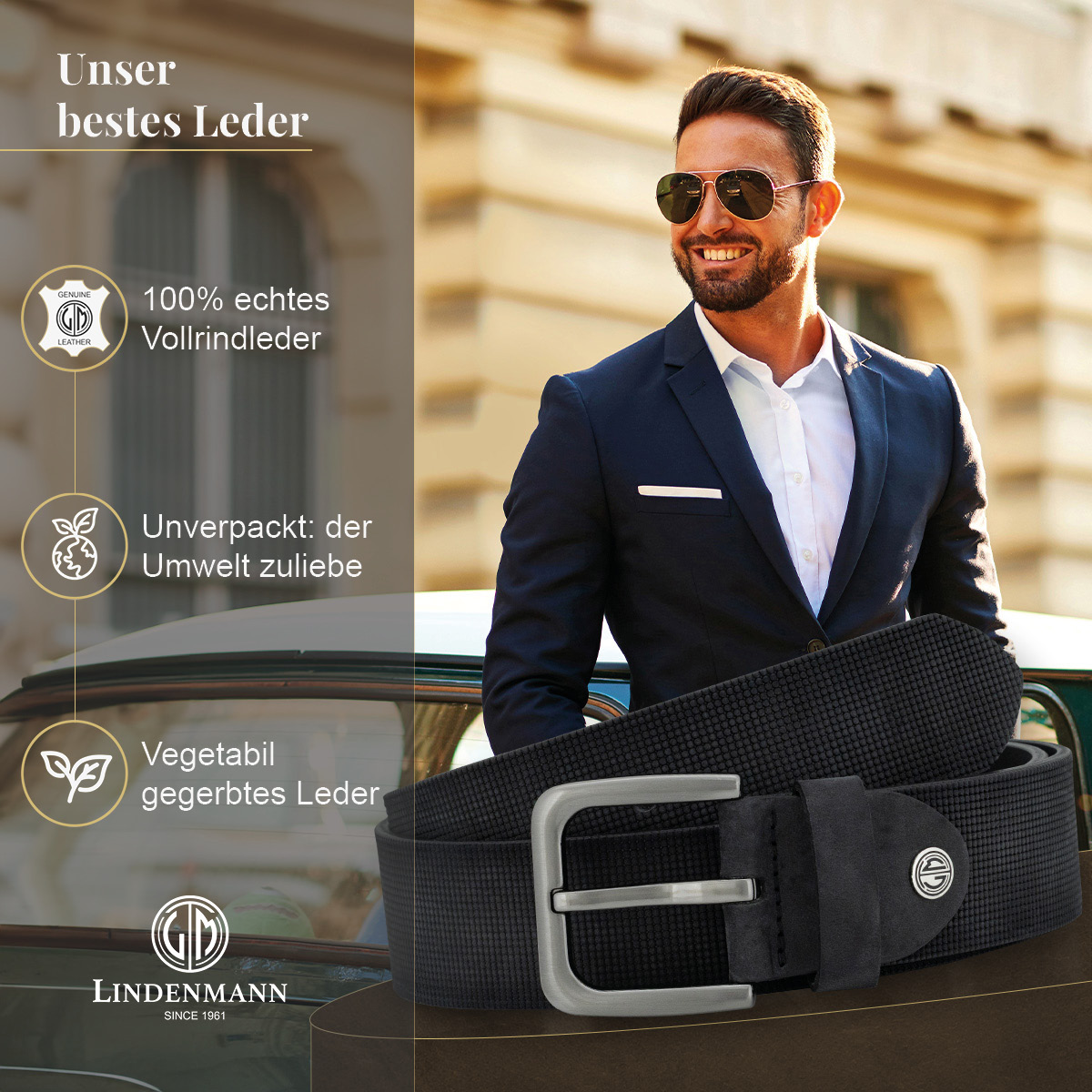 LINDENMANN Vollrindledergürtel Herren Tiefschwarz