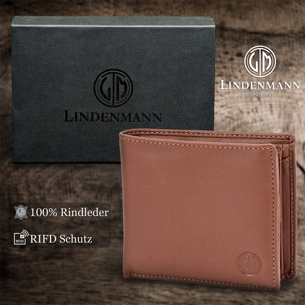 LINDENMANN Herren Leder Portemonnaie cognac