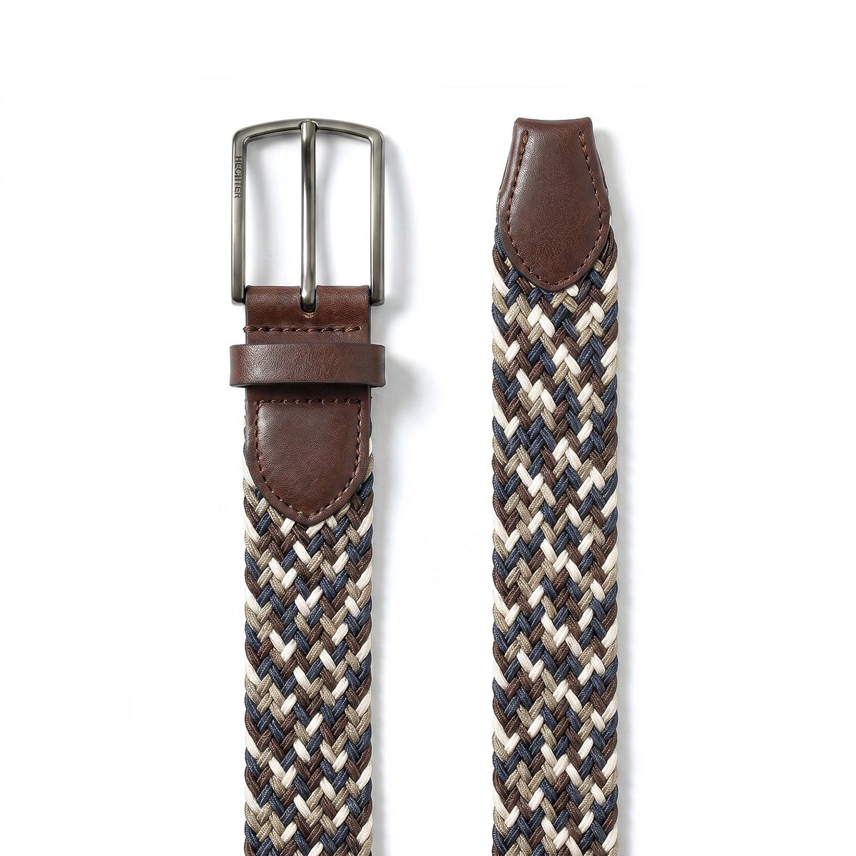 Gürtel, Geflecht-Gürtel, Lederdetails, Bent-Knopf, Breiter Gürtel, HECHTER Paris Herren Textil-Flechtgürtel mit 100% Echtlederenden marine/braun/taupe