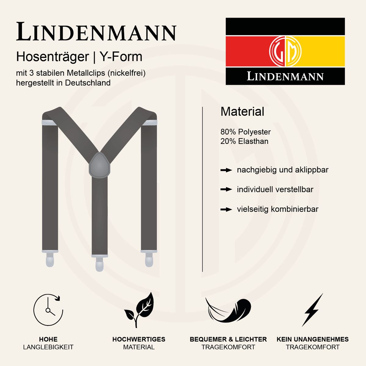 LINDENMANN Hosenträger Herren braun Länge 120 cm Y-Form mit dunklen Clipsen