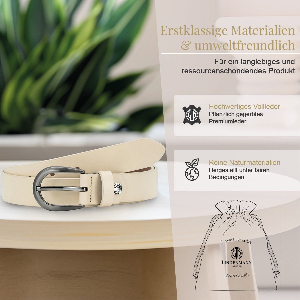 LINDENMANN Rindsleder Damengürtel Creme-Beige