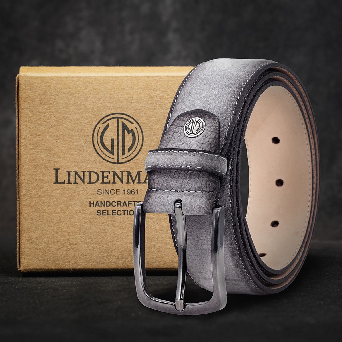 LINDENMANN Herren Ledergürtel Handmade grau