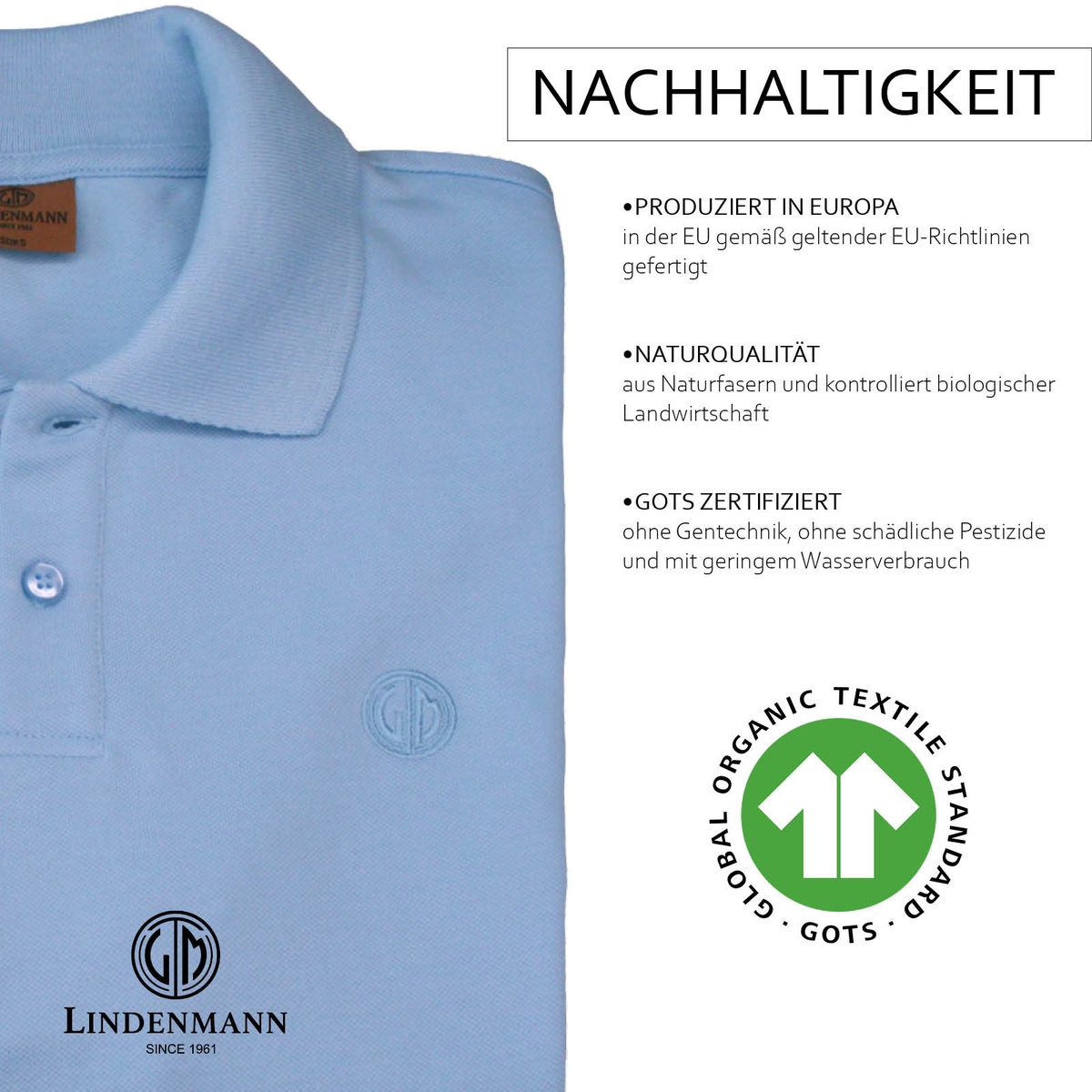 LINDENMANN Poloshirt Herren kurzarm hellblau Bio Baumwolle Made in EU