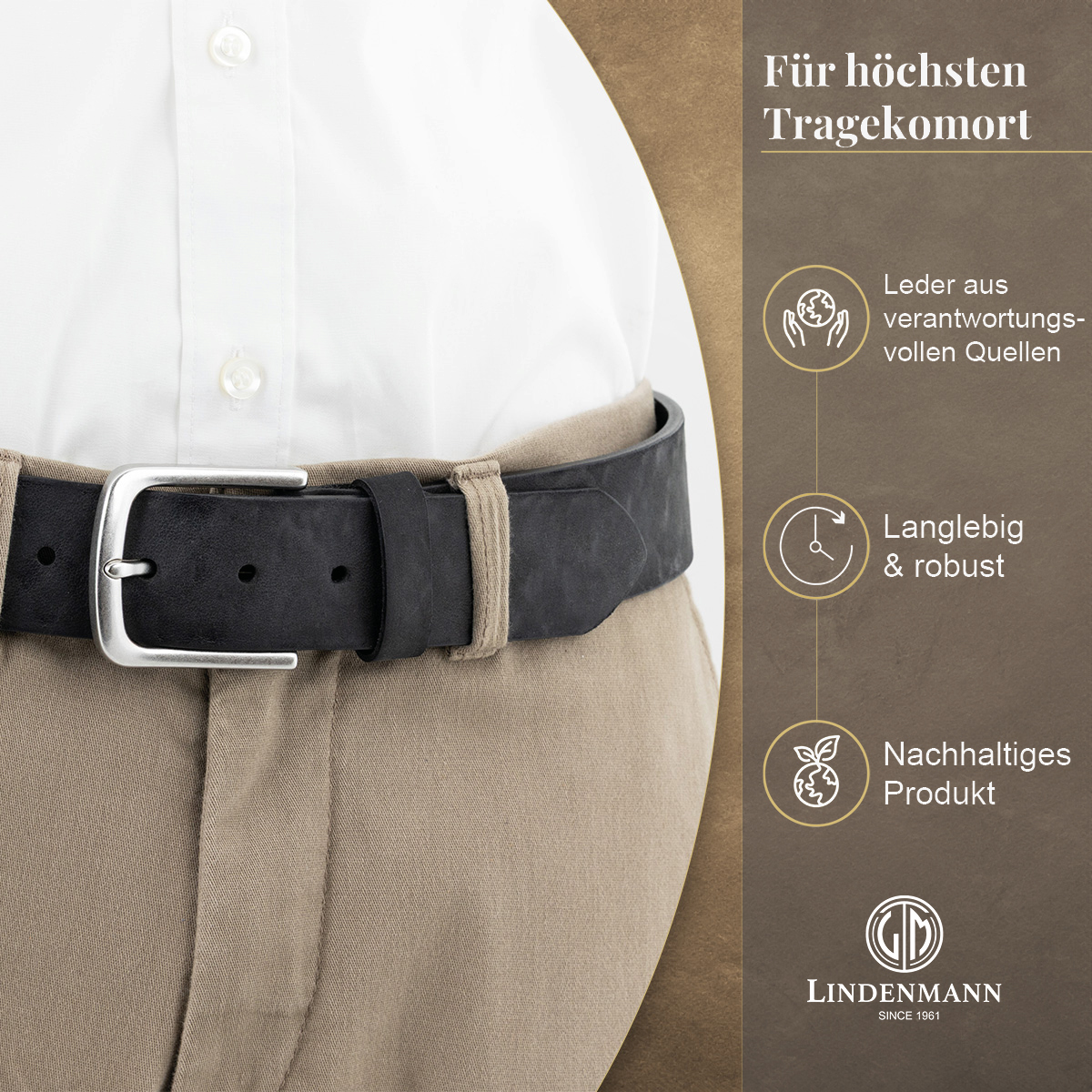 LINDENMANN Herrengürtel aus 100% Vollrindleder schwarz