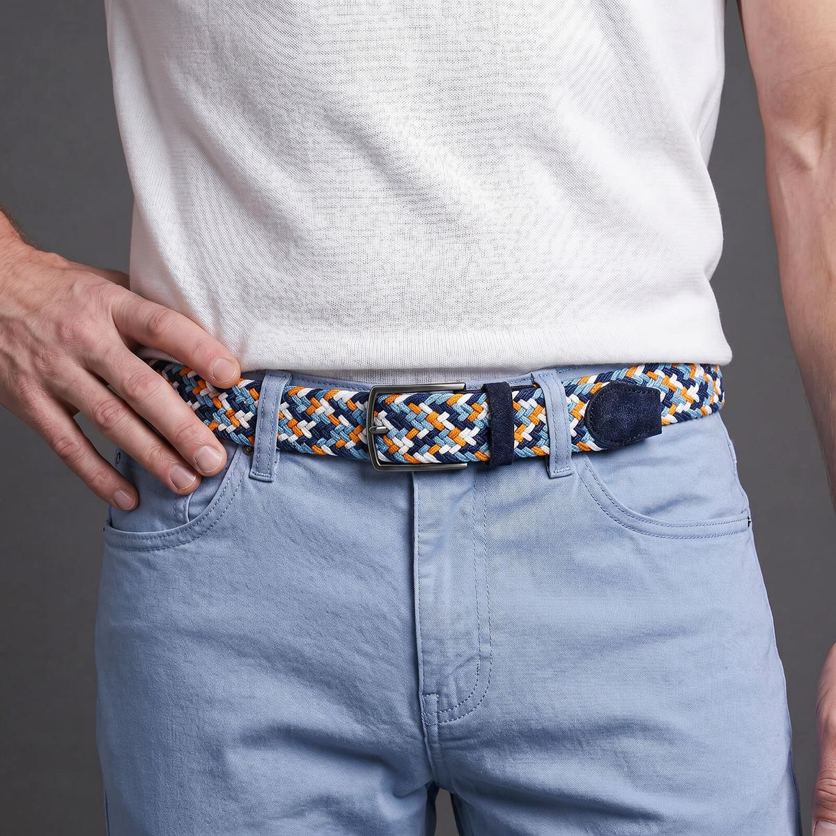 LINDENMANN Herren Flechtgürtell mit Echtlederenden mehrfarbig: marine, jeansblau, orange