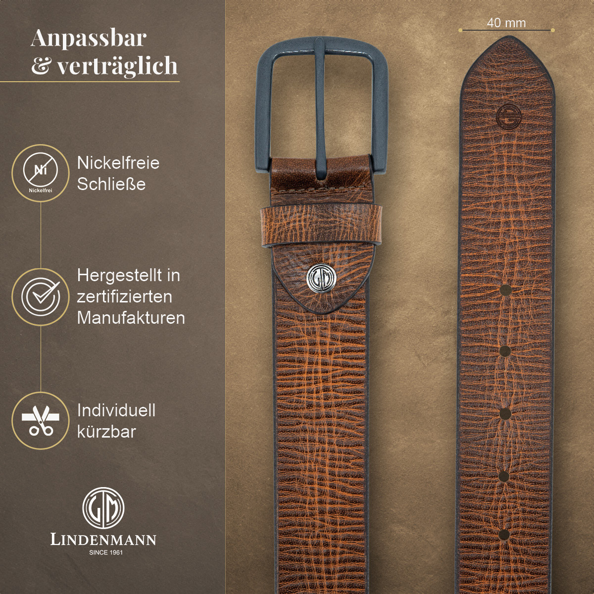 LINDENMANN Vollrindleder Herrengürtel Cognac