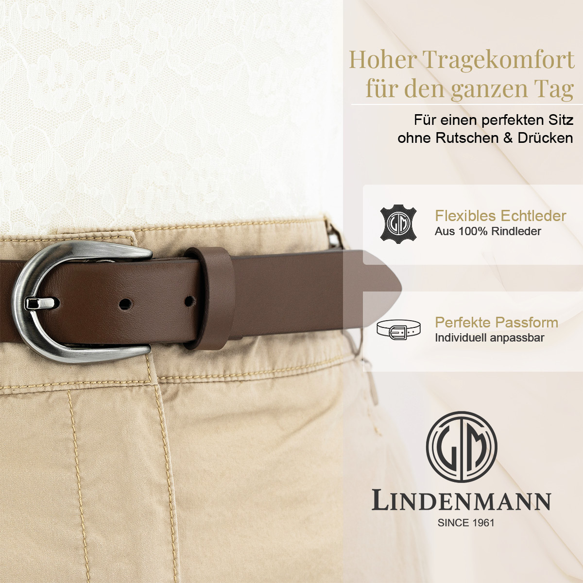 LINDENMANN Rindsleder Damengürtel Nussbraun