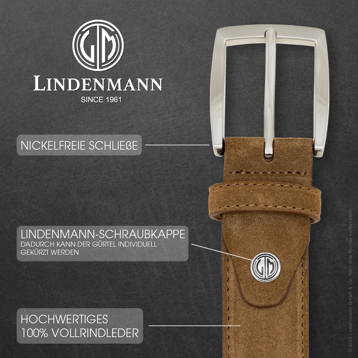LINDENMANN Herrengürtel Veloursleder cognac