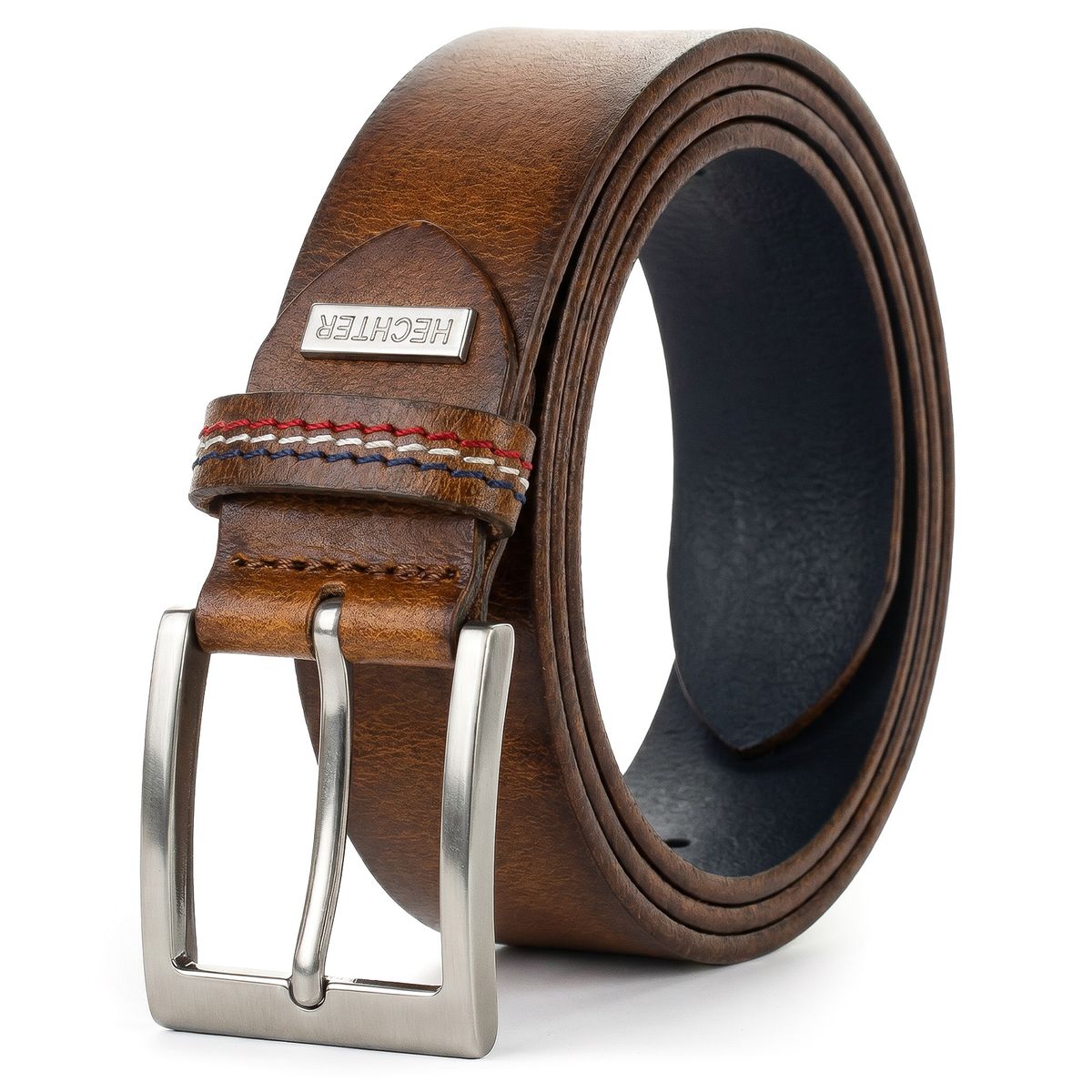 Gürtel, Leder, Braun, Metall-Schnalle, Nähte, HECHTER Paris Herren klassischer 100% Echtledergürtel cognac