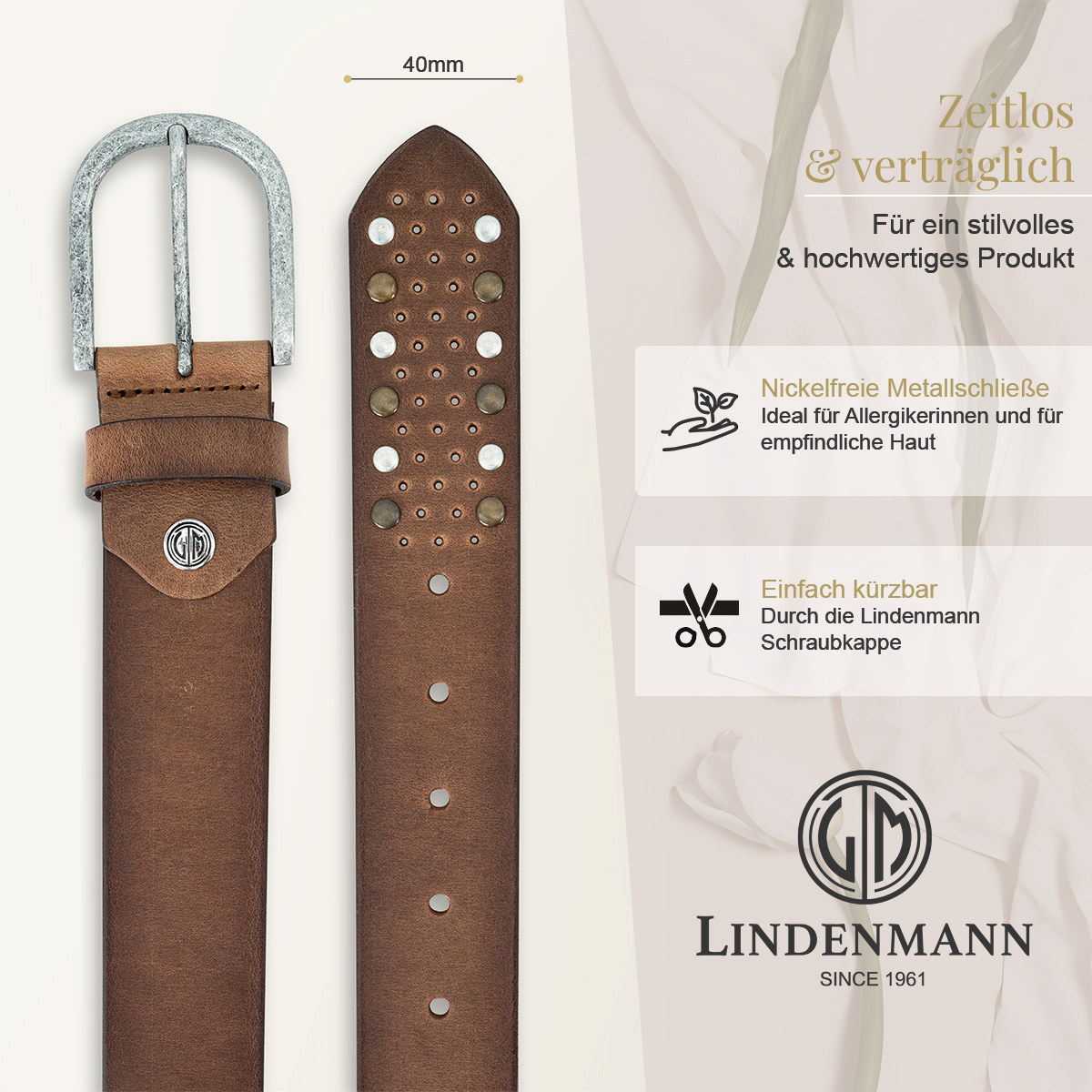LINDENMANN Klassischer Damengürtel aus 100% Echtleder mit Nieten-Design mittelbraun