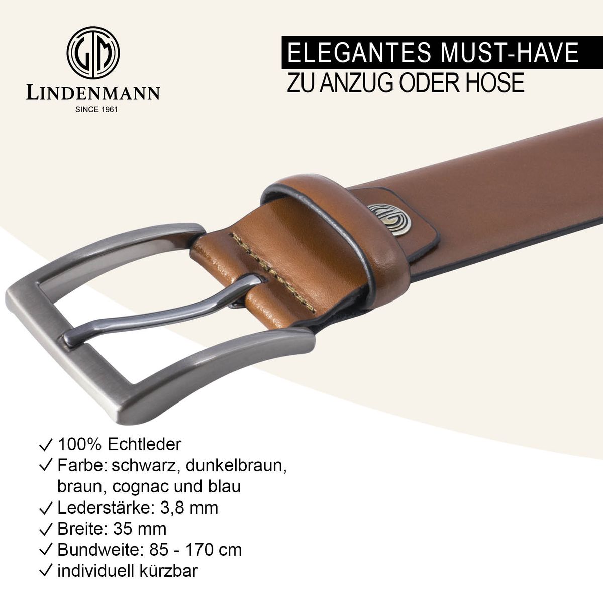 LINDENMANN Anzug-Ledergürtel Herren 35 mm XL Rindleder braun