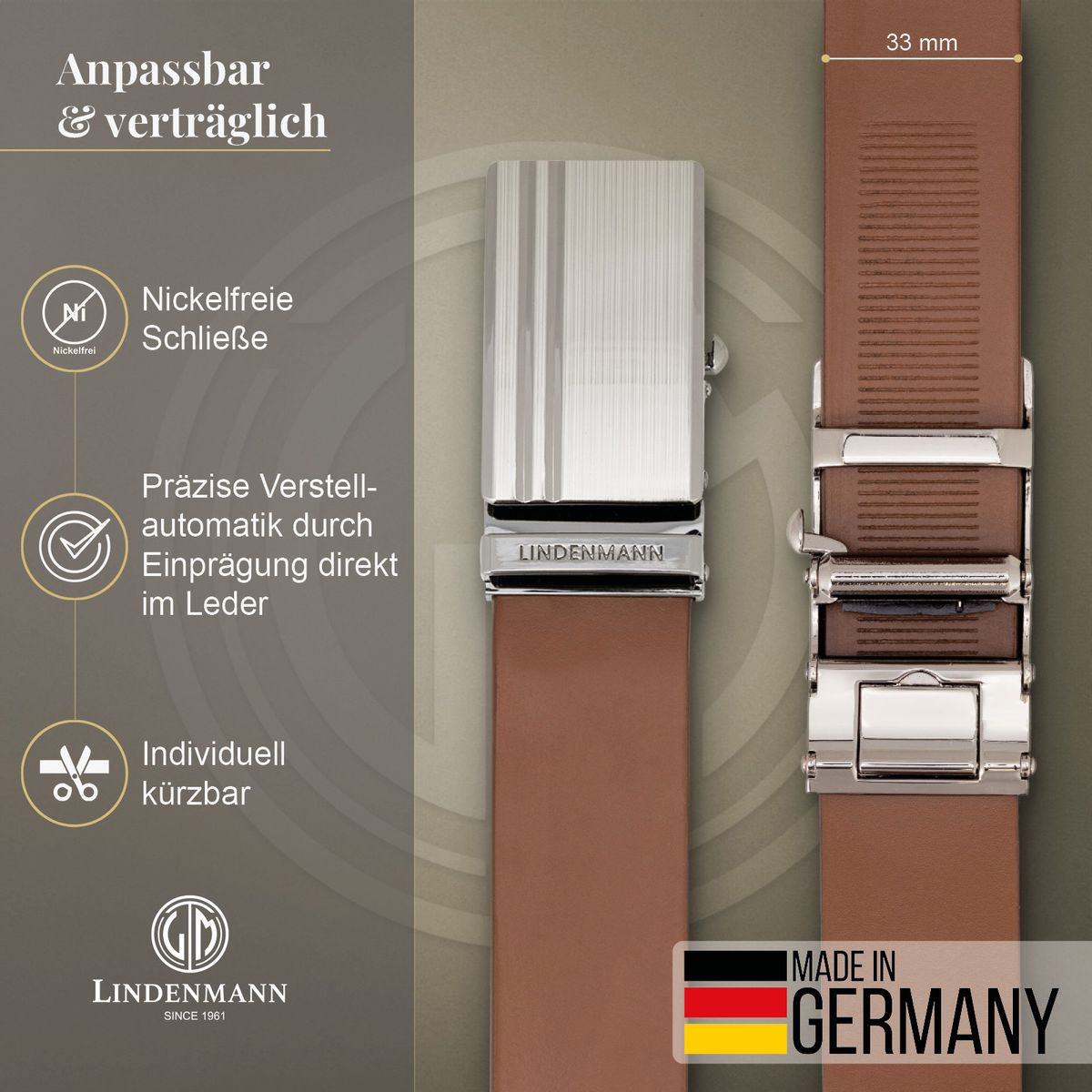LINDENMANN Ledergürtel Automatikgürtel Herren cognac