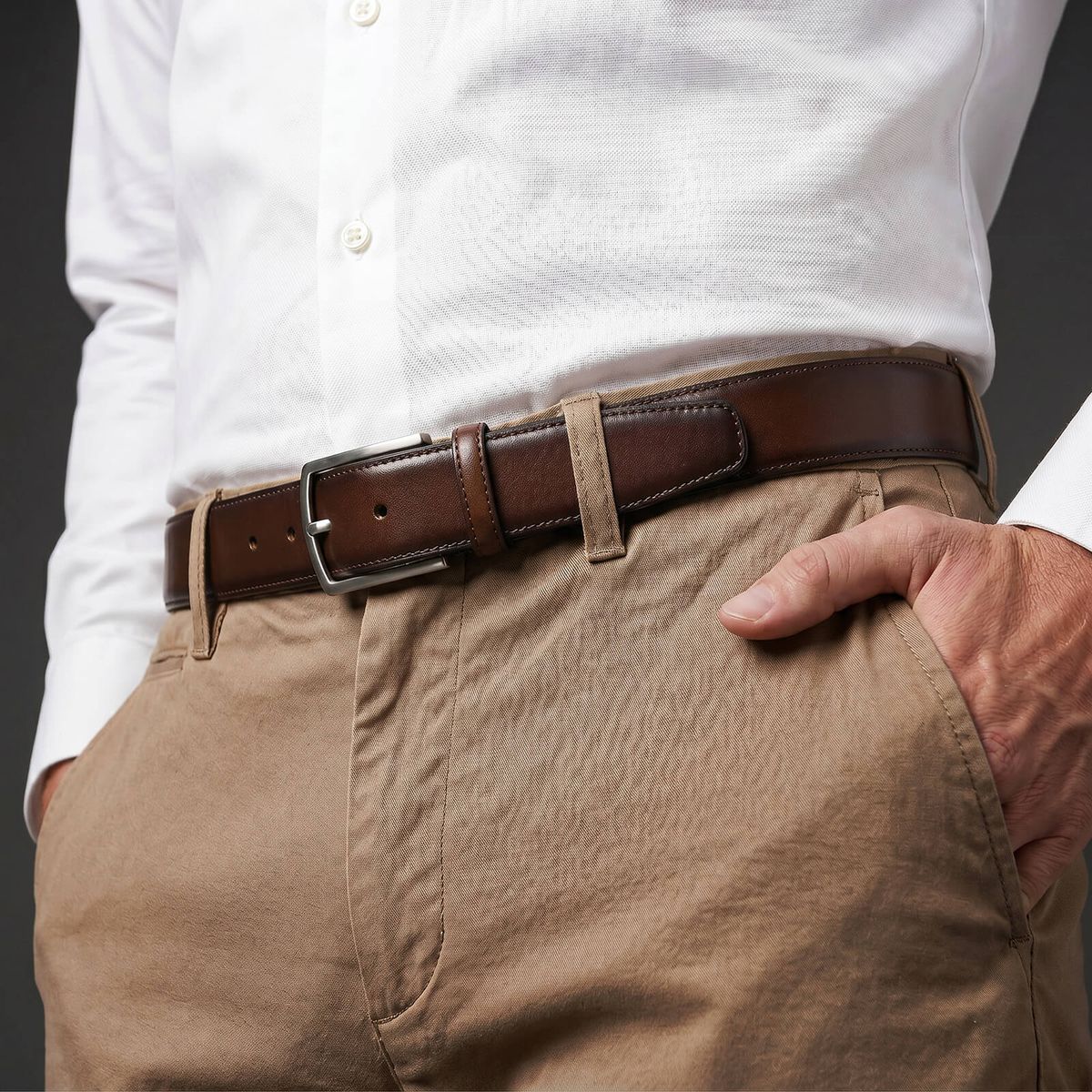 Gürtel, Leder, Braun, Chino-Hose, Taillierter Stil,